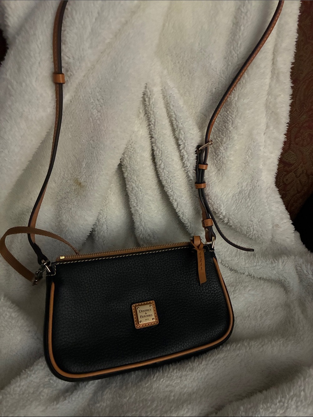 Dooney & Bourke Black Pebble Leather Crossbody with Tan Trim and Strap